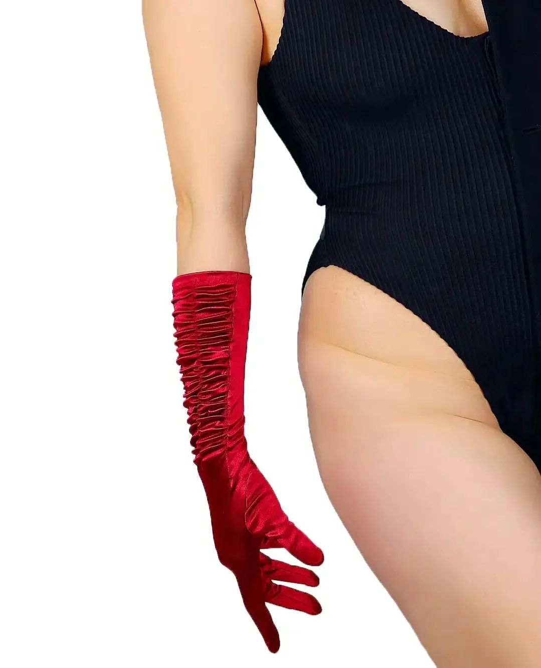 

DooWay Women's Burgundy Satin GLOVES Wine Dark Red Ruched Stretch Solid Silk Evening Dressing Wedding Bridal Fashion Opera Glove
