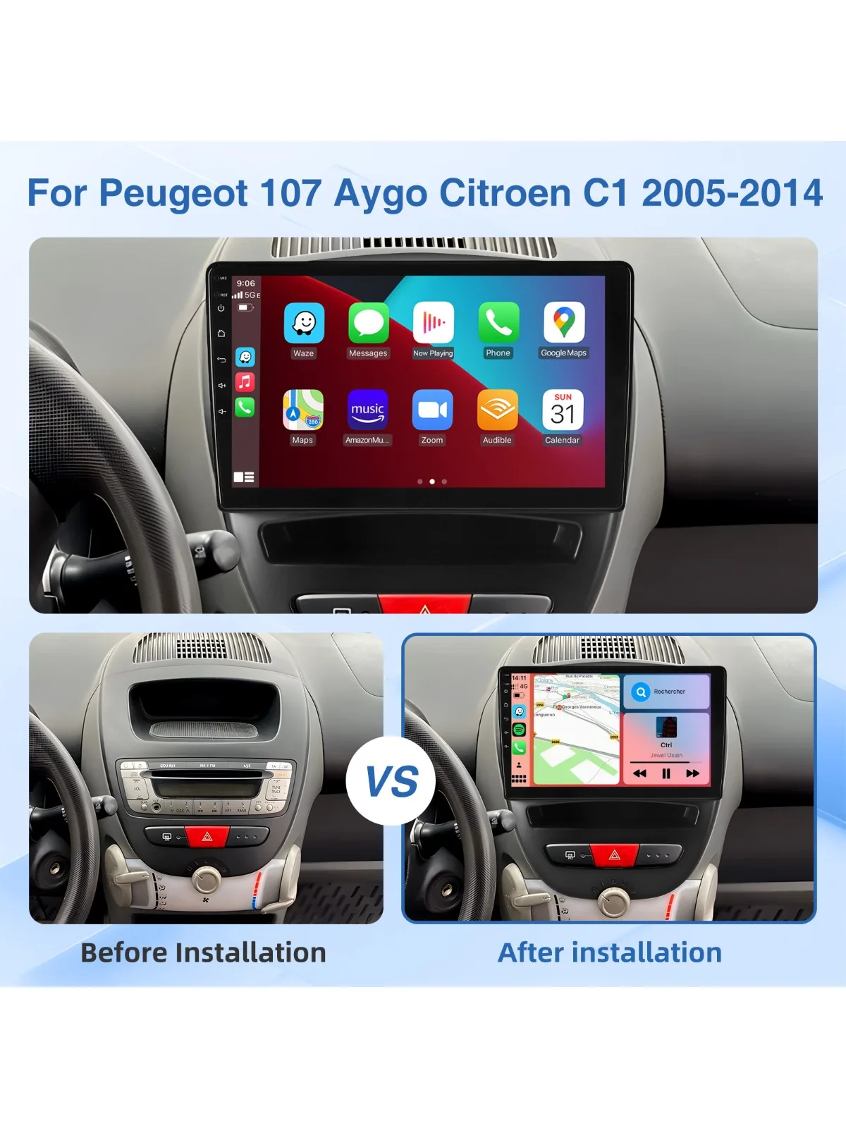 MOPECT 10'' Draadloze CarPlay Autoradio voor Toyota Aygo 2004-2014/PEUGEOT 107/Citroen C1 Android GPS Autoradio FM AM BT DAB+ DVR - afbeelding 2