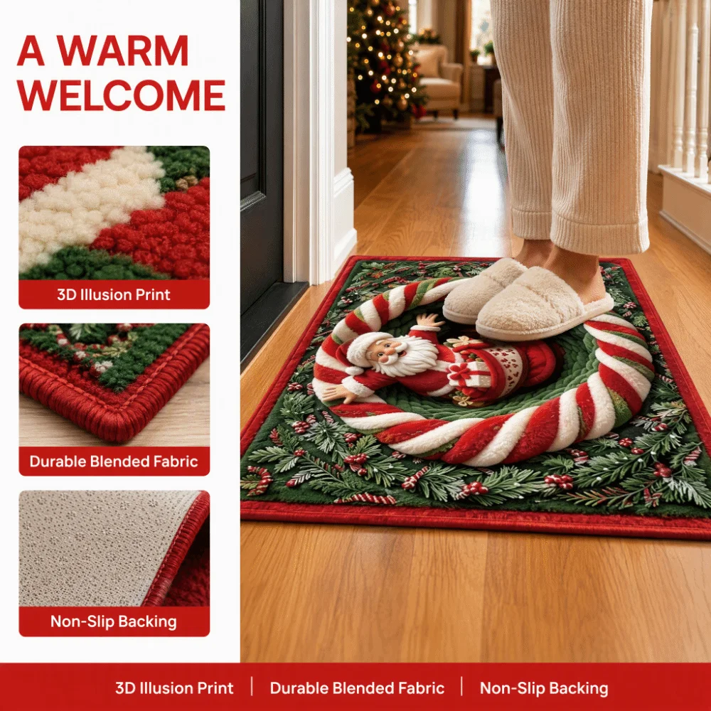 Creative 2D Flat Printed Christmas Rug Cartoon Non-Slip Santa Claus Carpet Soft Quick Dry Xmas Door Mat Floor Protection