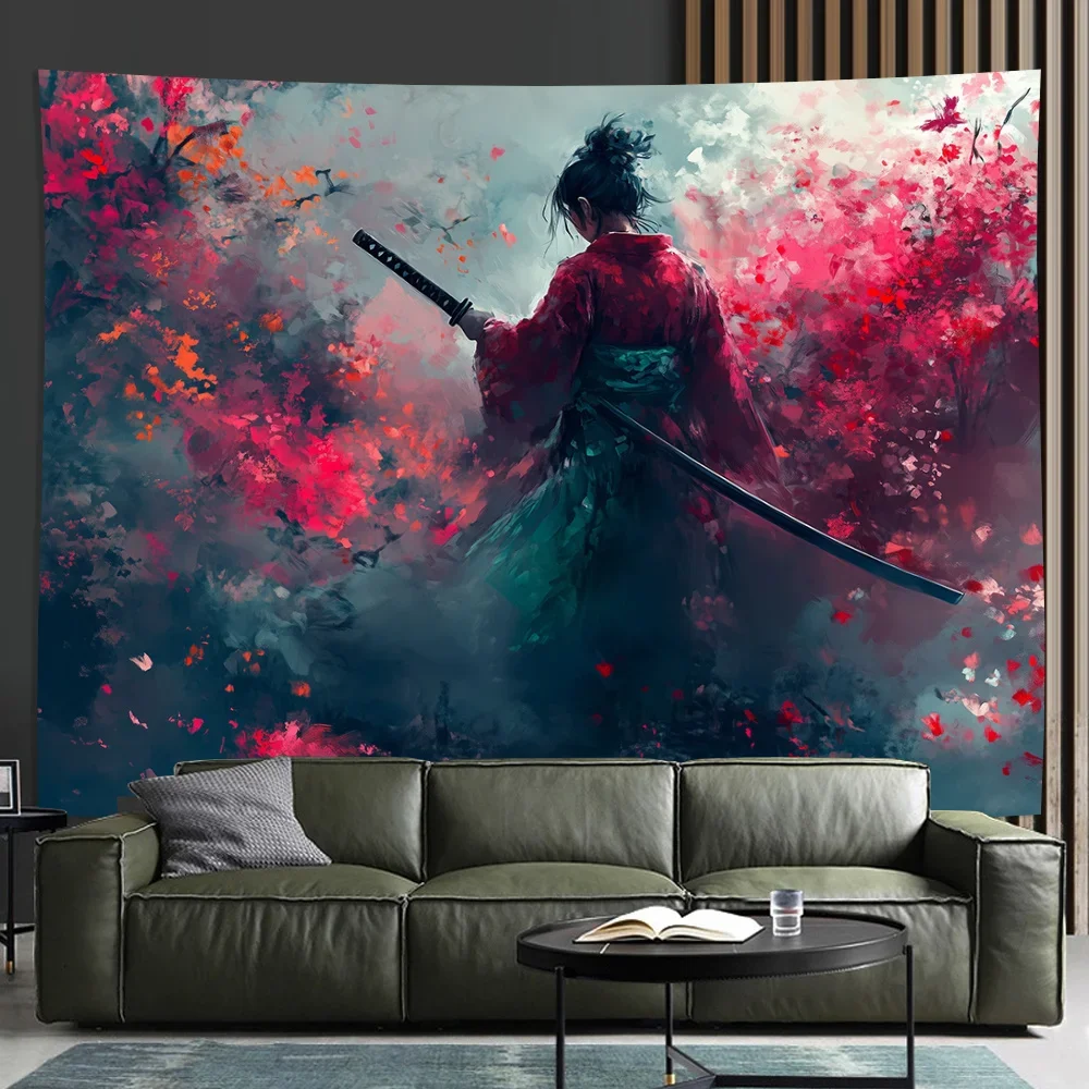 Retro Red Samurai Background Wall Cloth Living Room Bedroom Office Party Decoration Polyester Tapestry 150x230cm