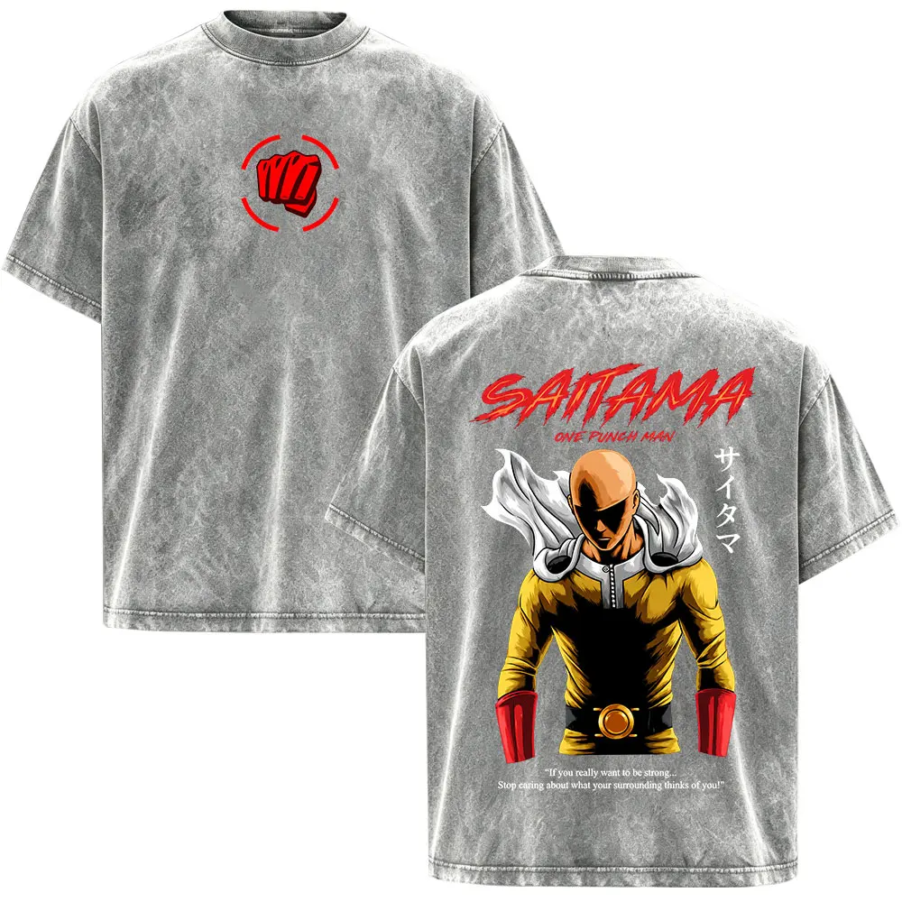 Anime One Punch Man Saitama Vintage Washed T-shirt Men Women Fashion Short Sleeve T Shirts Cotton Casual Oversized T-shirts Tops