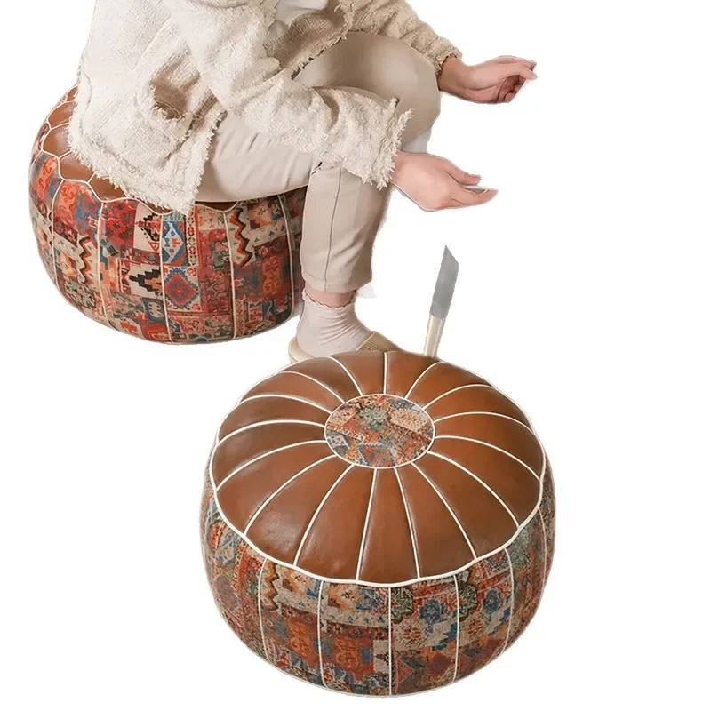 Nordic Retro Round Leather Ottoman Storage Footrest Lazy Sofa Stool for Living Room Home Furniture