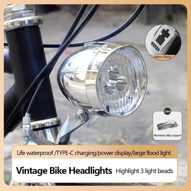Vintage fietskoplamp 3LED fietskoplamp MTB zaklamp Retro design fietskoplamp voor nachtelijk rijden Zwart Zilver