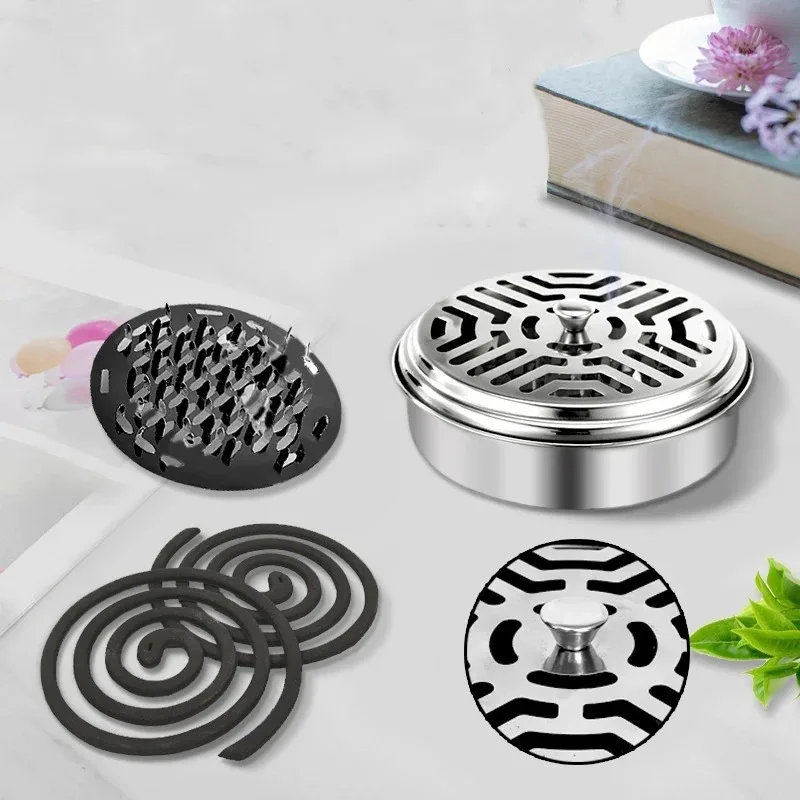 Stainless Steel Mosquito Coil Tray Holder with Lid, Round Household Wrought Iron Mosquito Coil Box, Ash Tray for Mosquito Coils