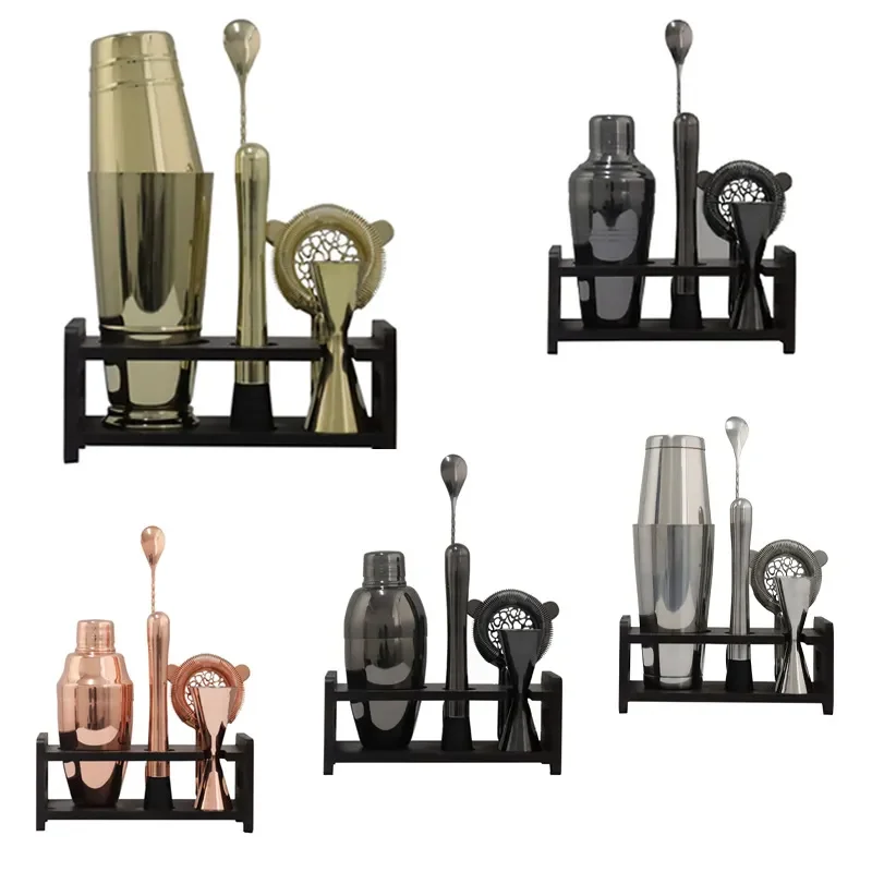 304 Stainless Steel Bar Tool Set with Wooden Storage Rack 6 Piece American Boston Cocktail Shaker Kit for Bartender Home