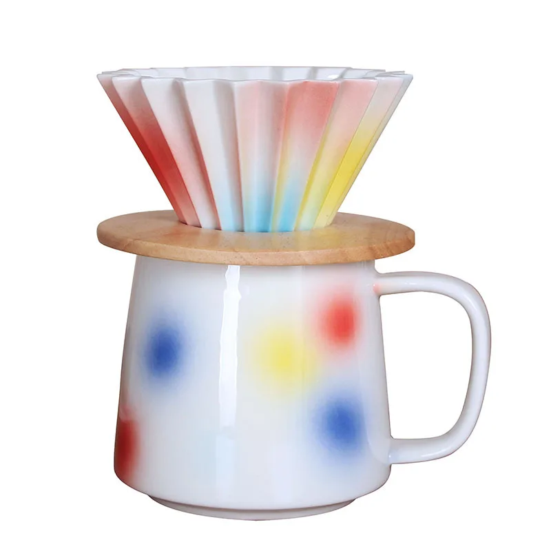 Artisan Hand-Painted Ceramic Coffee Dripper Set Foldable Filter with Rainbow Glaze, Perfect for Slow Brew & Gift Giving