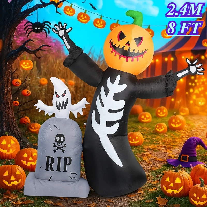 

8FT Inflatable Toy Holiday Lighting Built in LED Lights Pumpkin Skull Ghost Halloween Decoration Garden Yard Lawn Grove Decor