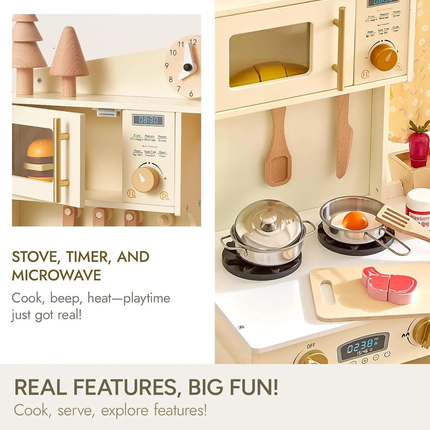 Ensemble de jeu en bois pour tout-petit, cuisine, micro-ondes, machine à glaçons, four, ustensiles de cuisine, accessoires, jeu de simulation, évier