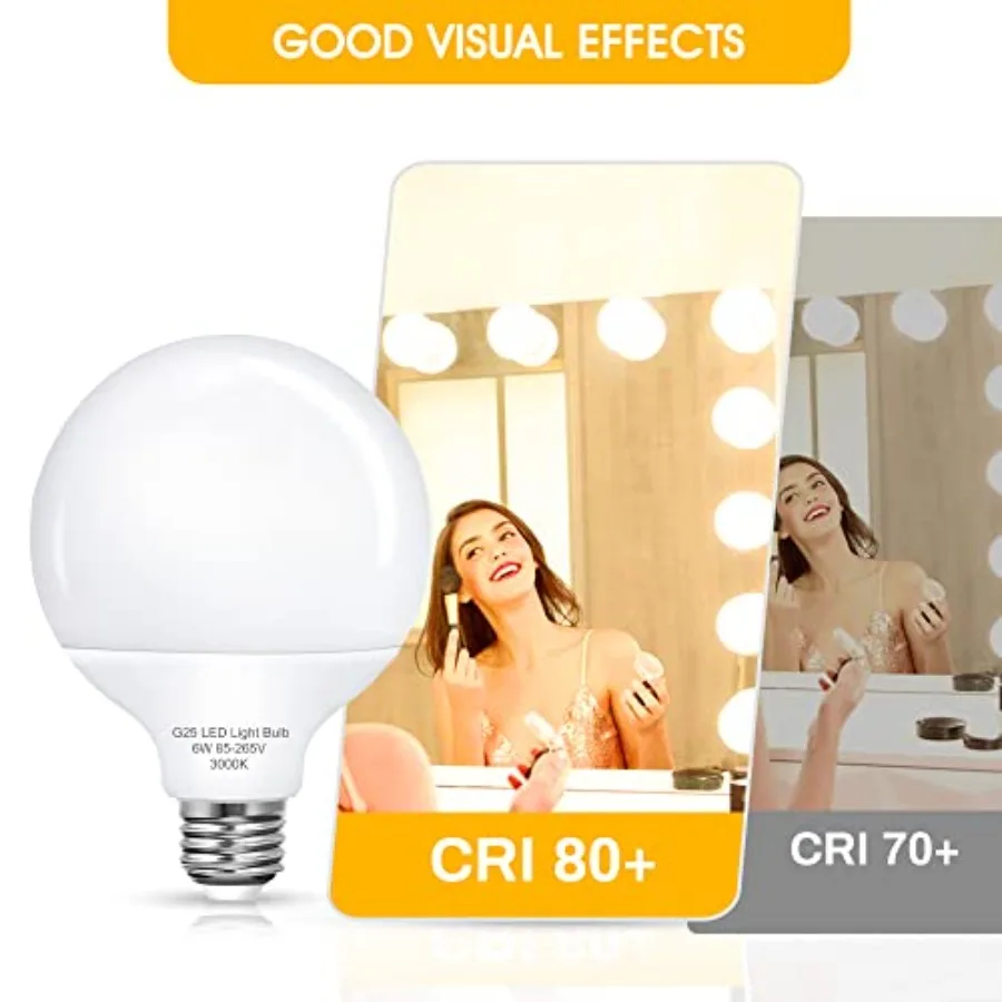 G25 LED Vanity Globe Light Bulb, 60W Equivalent Incandescent Bulbs for Vanity Bathroom Mirror Light Bulb, 3000K E26 Base Makeup