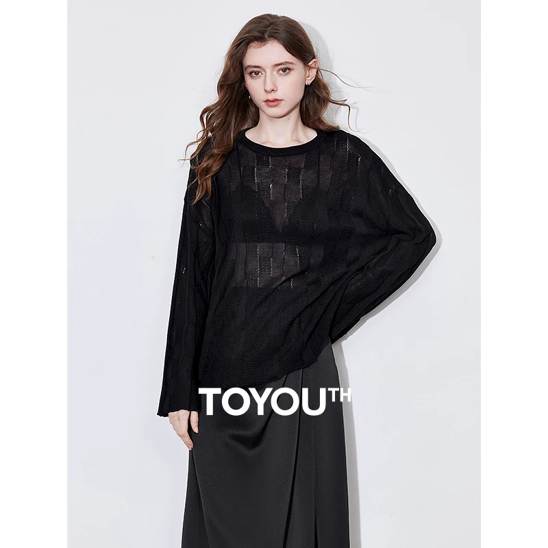 TOYOUTH Women Knitted Sweater 2025 Spring New Twisted Flower Slim and Stylish Pullover Tops Black