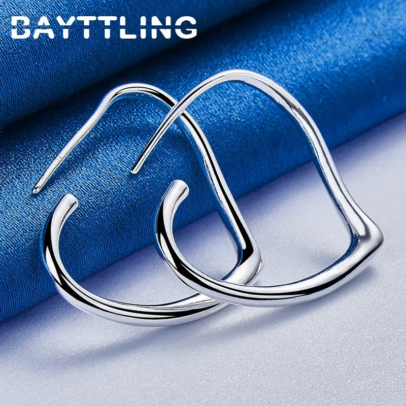 

925 Sterling Silver Women's Earrings 37MM Glossy Simple Heart Hoop Earrings Wedding Gift Party Fashion Circle Jewelry Accessorie