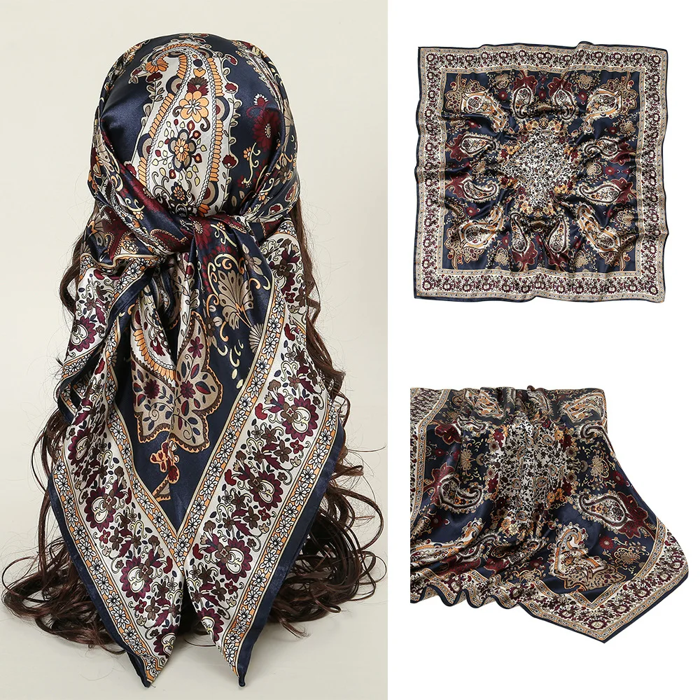 90*90cm Square Silk Scarf Women Print Scarves Satin Shawl Wrap Hijab Female Headband Bandana Foulard Neckerchief