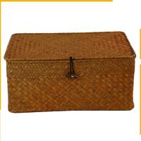 A92P Seagrass Storage Baskets With Lids, Woven Rectangular Basket Bins, Wicker Storage Organizer For Shelf, Set Of 8