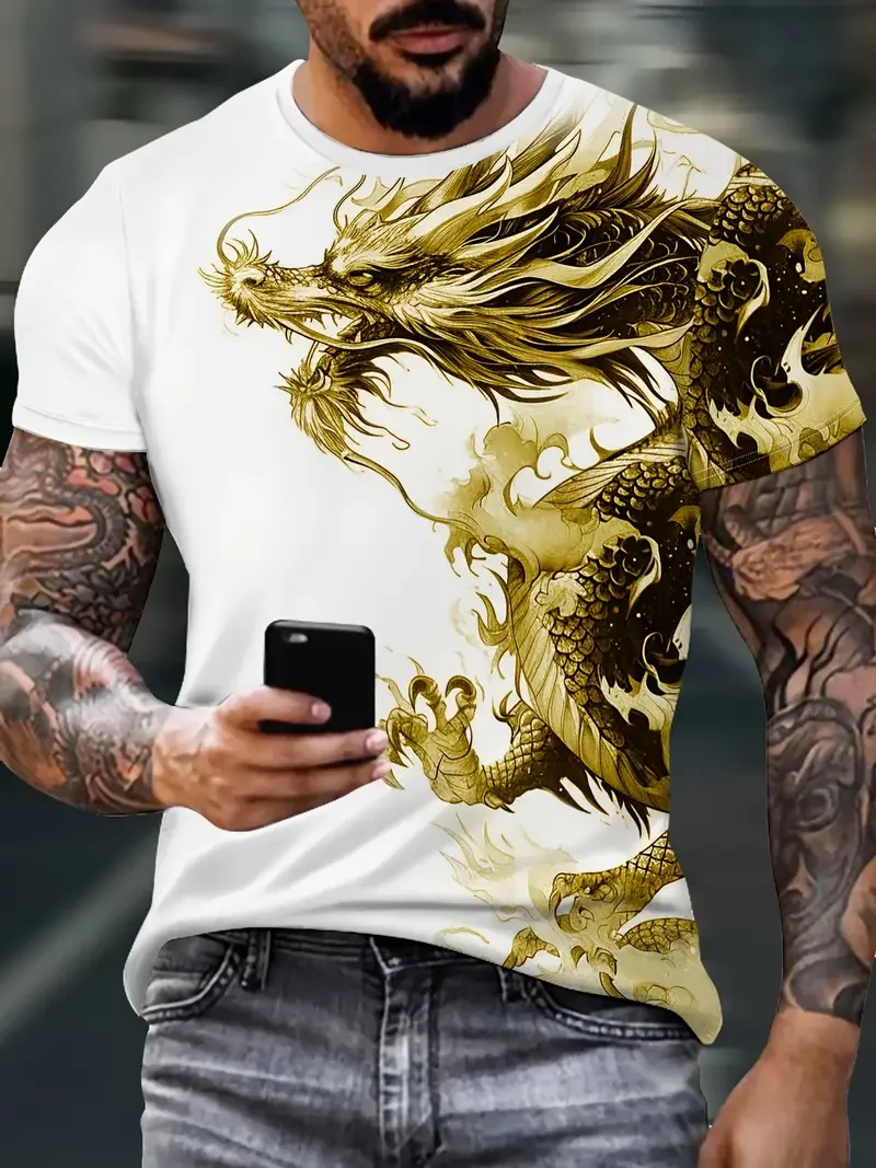 Men‘s T-Shirts 3D Dragon Print Short Sleeve Casual O Neck Pullover Street Outdoor Tops Tee Outdoor Sportshirt Oversized Clothing image 2