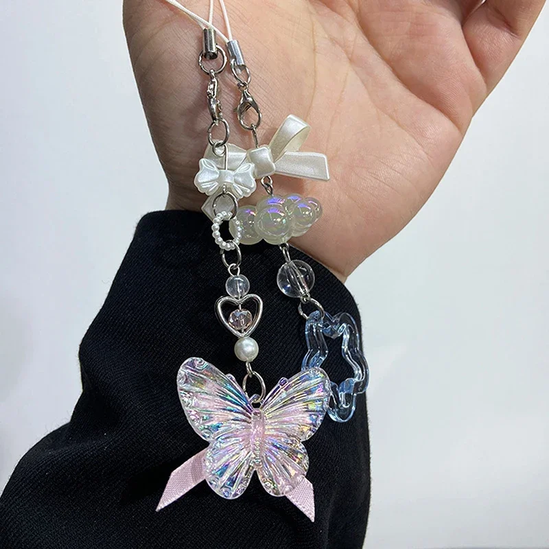 1PC Cute Butterfly Bead Handmade Sweet Girl Keychain For IP 11 Camera Kawaii Y2K Love Five Pointed Star Phone Charms Pendant