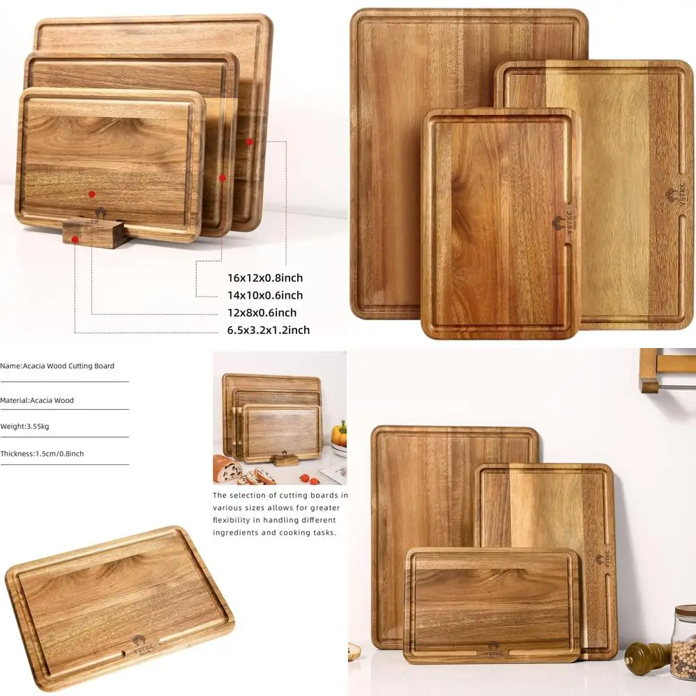 

Set of 3 Acacia Wood Kitchen Cutting Boards with Deep Juice Groove for Meat, Fruit, and Cheese