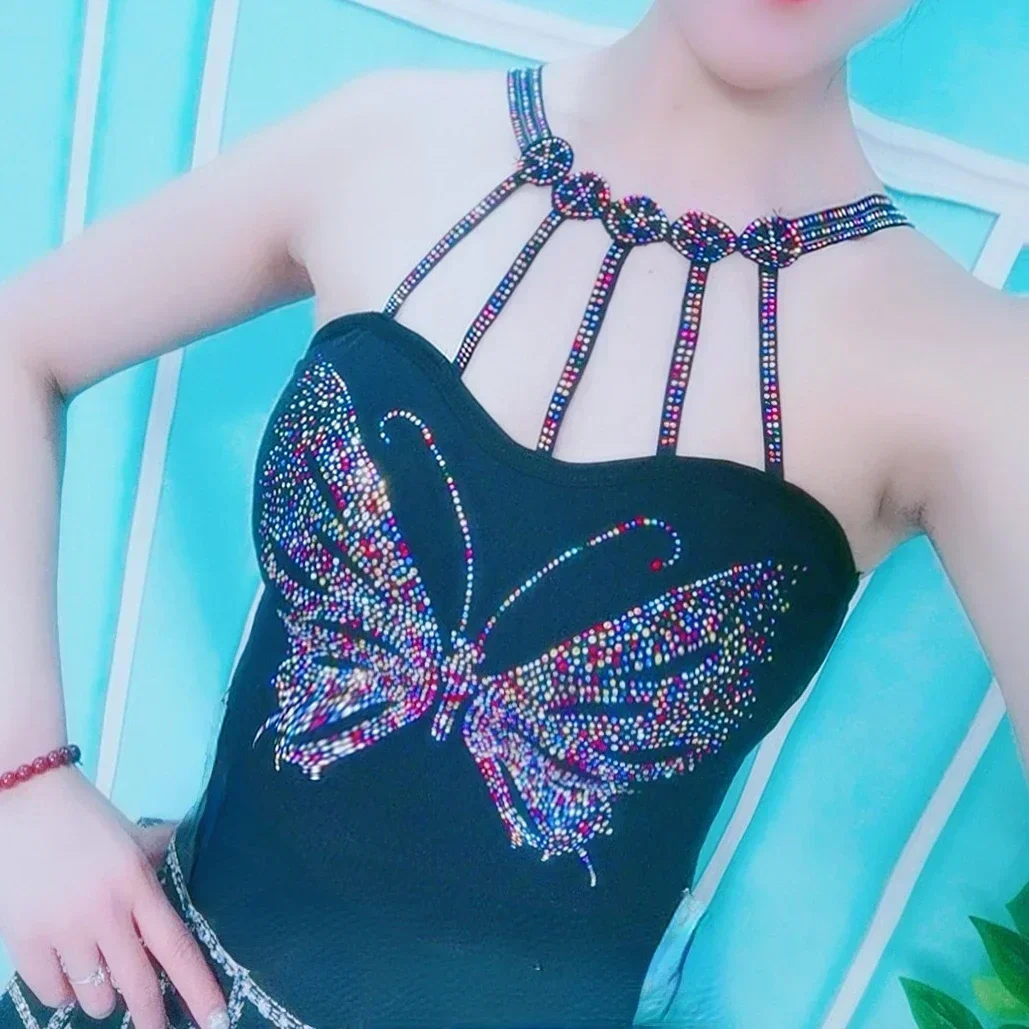 Camisola de mariposa para mujer, camisola sexy con diamantes de imitación, camisetas sin mangas con piedras preciosas para mujer