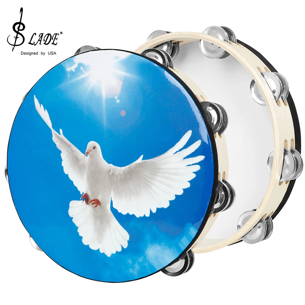 SLADE 10 Inch Tambourine Double Row Handbell Blue Dove Of Peace Hand Drum Early Education Tambourine Percussion Instrument