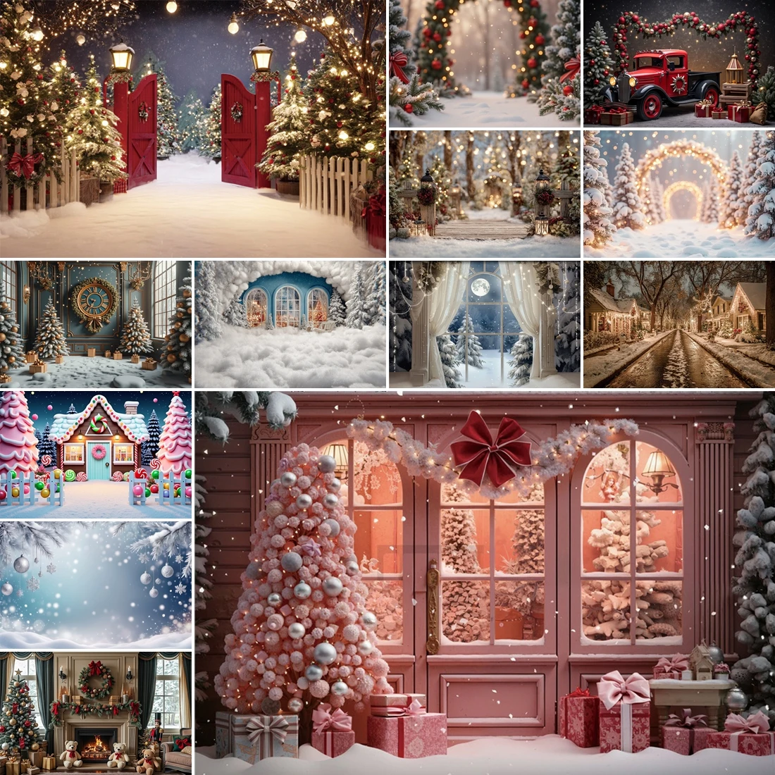 

MOON.QG Christmas Decorations Backgrounds For Photographs Arch Garland Window Curtains Shop Doors Backdrop Portrait Party Decor