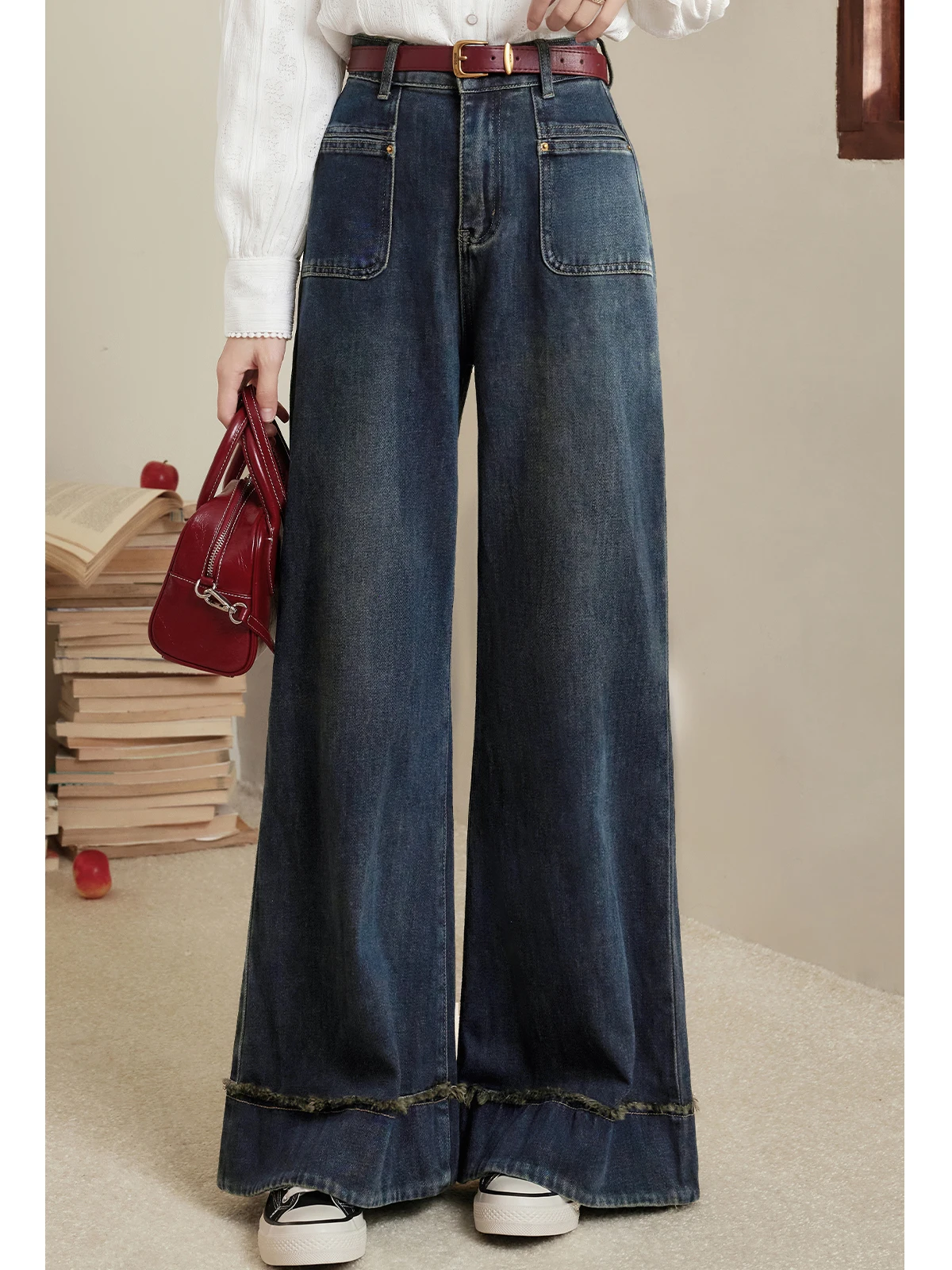 

Ele High Waist Vintage Women's Jeans Loose Fit Long Pants Autumn Winter New Sle by Lu Xiang Nan Denim Blue Color
