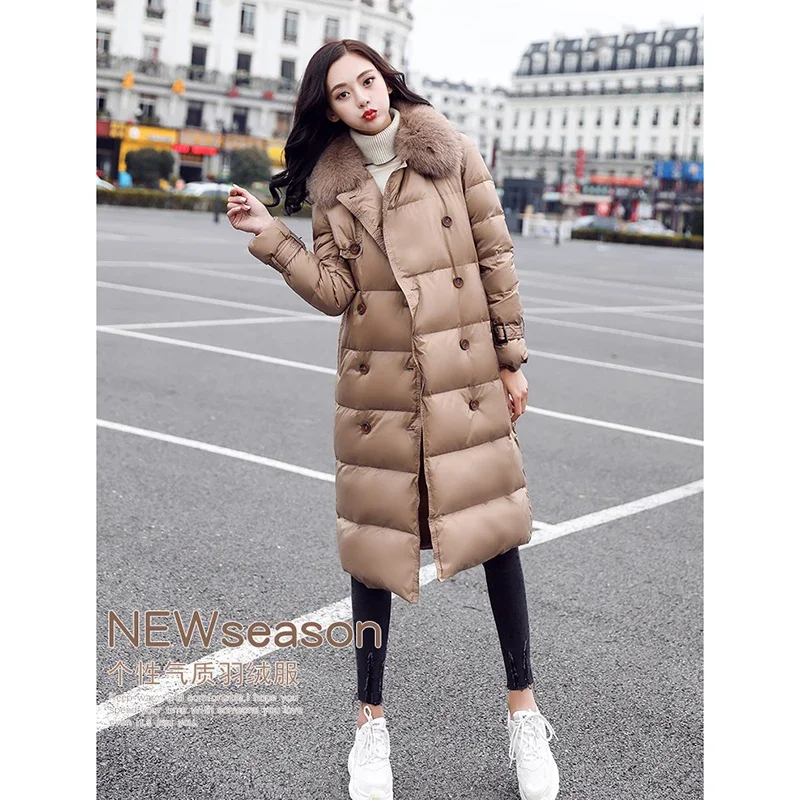 Women's Down Jacket Winter Warm Real Fur Collar Double-Breasted Coat Female Long Outwear 90% White Duck Down Coat