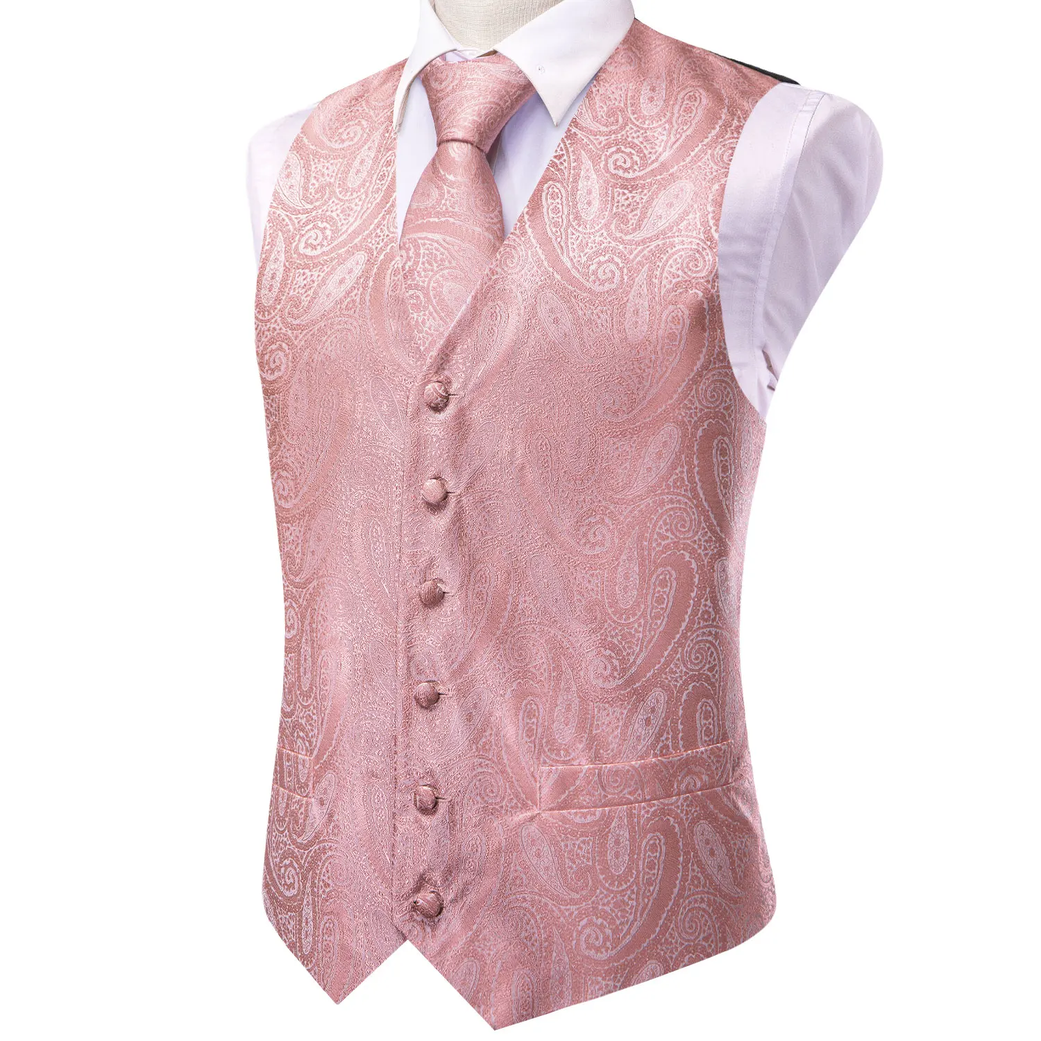 Gilets de mariage rose pêche pour hommes, ensemble de boutons de manchette Hanky et broche, gilet jacquard, Hiky Paisley, affaires formelles imbibées