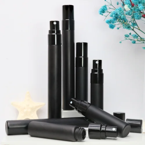 8 y 32 piezas, + 6 herramientas, 5/10 ml. Botella de perfume de viaje de alta gama en vidrio negro esmerilado. Botella pulverizadora recargable portátil,