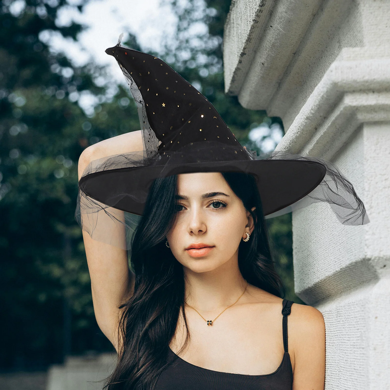 

Black Mesh Witch Hat Elegant Halloween Costume Accessory Party Decoration Wizard Hat for Adults and