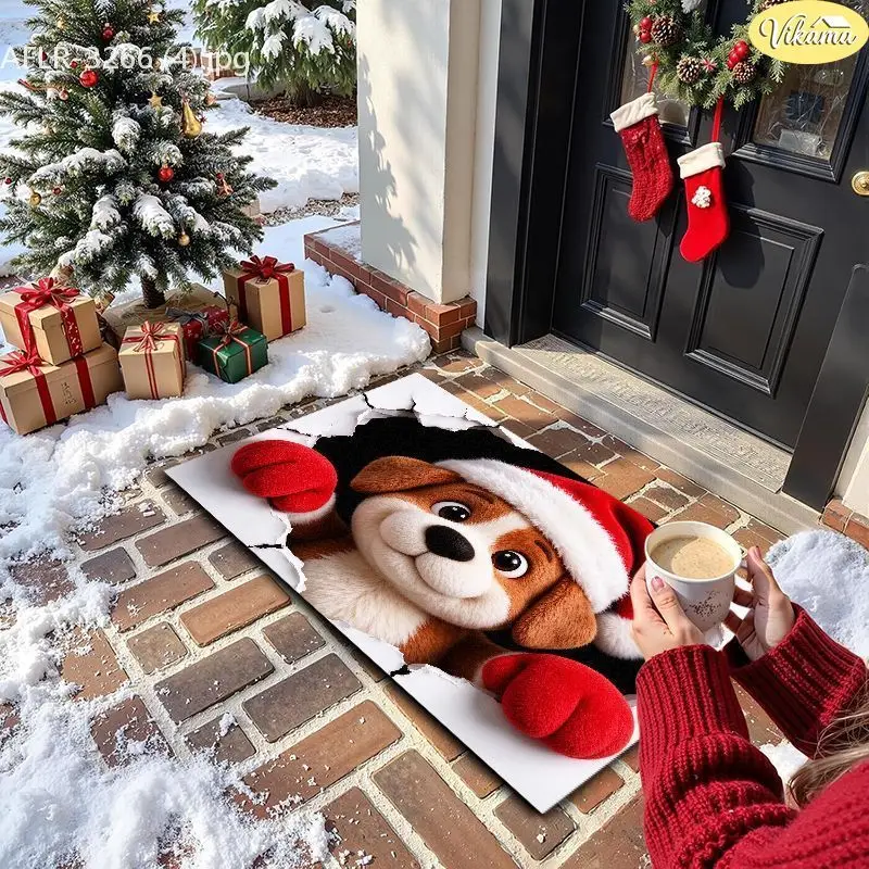 VIKAMA 3D Peeking Dog Santa Hat Entryway Rug Non Slip Low Profile Mats for Outside Front Door Xmas Winter Decor Washable