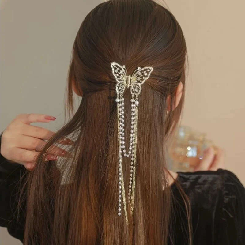 Retro Hollow Butterfly Tassel Hairpin Korean Girl Rhinestone Ponytail Hair Grabber Elegant Pearl Hair Accessories for Women