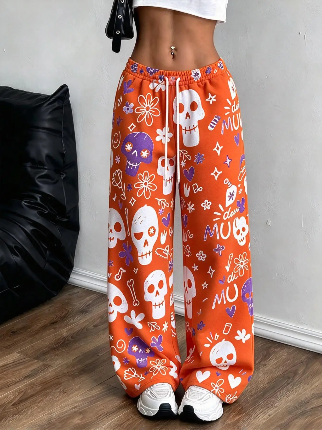 Halloween Cartoon Skull & Witch Hat Print Women Wide Leg Sweatpants Low Waist Drawstring Loose Pants