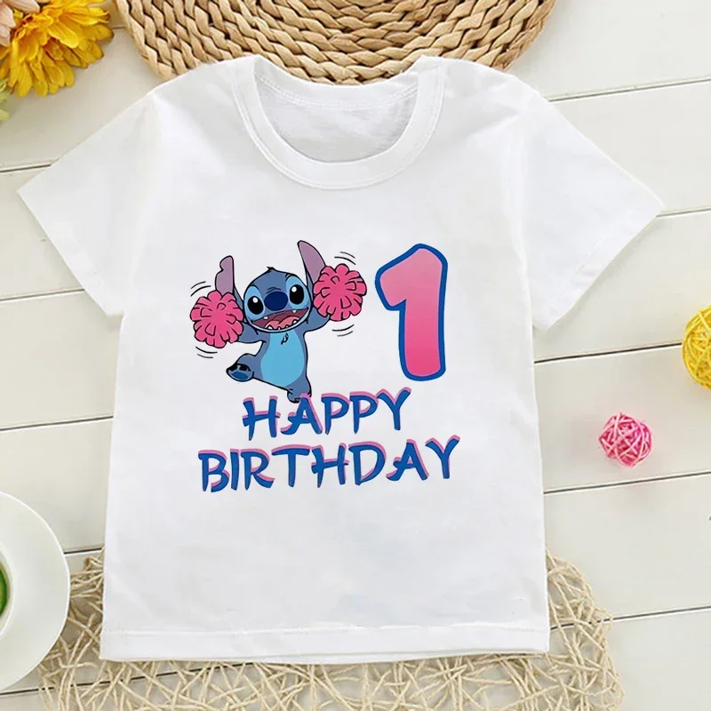 Funny Stitch Disney Girl Birthday T-Shirt Summer Kids Number Tee Shirt Short Sleeve Children Tee Tops Cartoon Printed Clothes