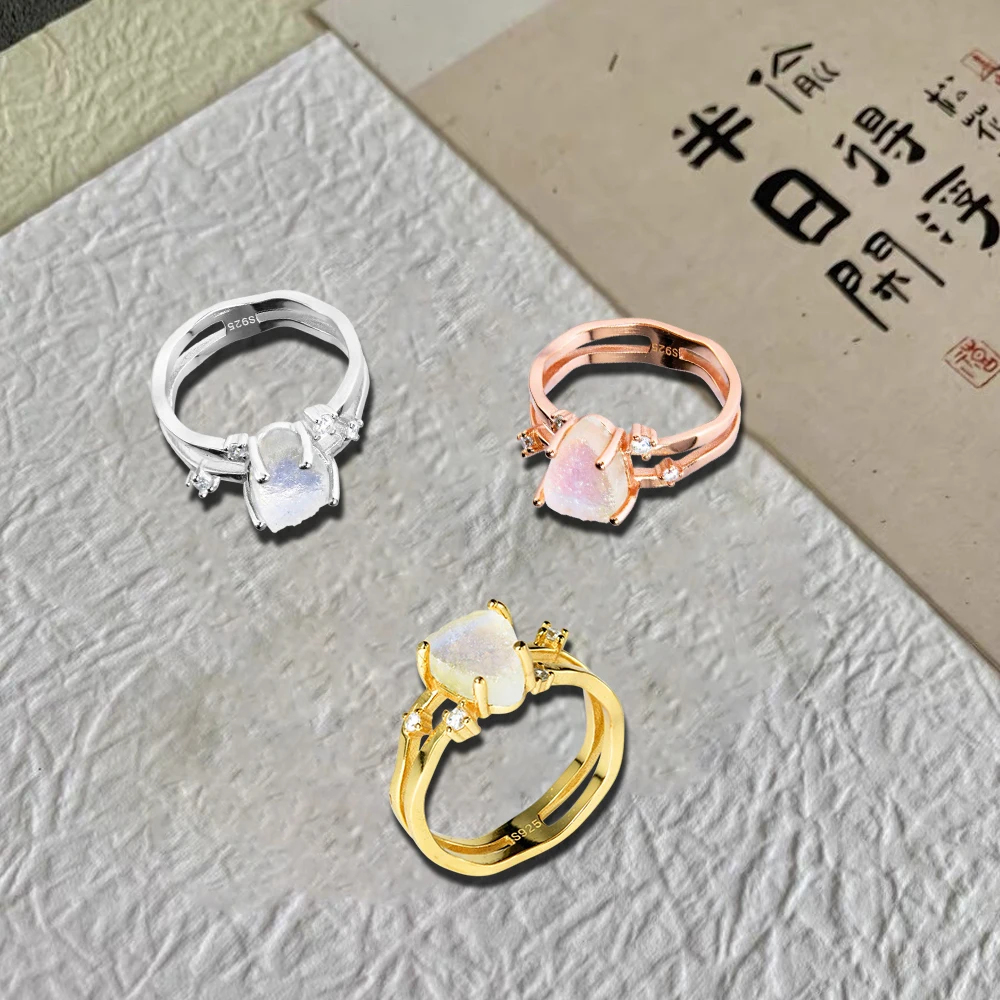 

New s925 Silver Triangle Design Irregular Ring Exquisite Moonstone Light Luxury Versatile Personalized Accessory