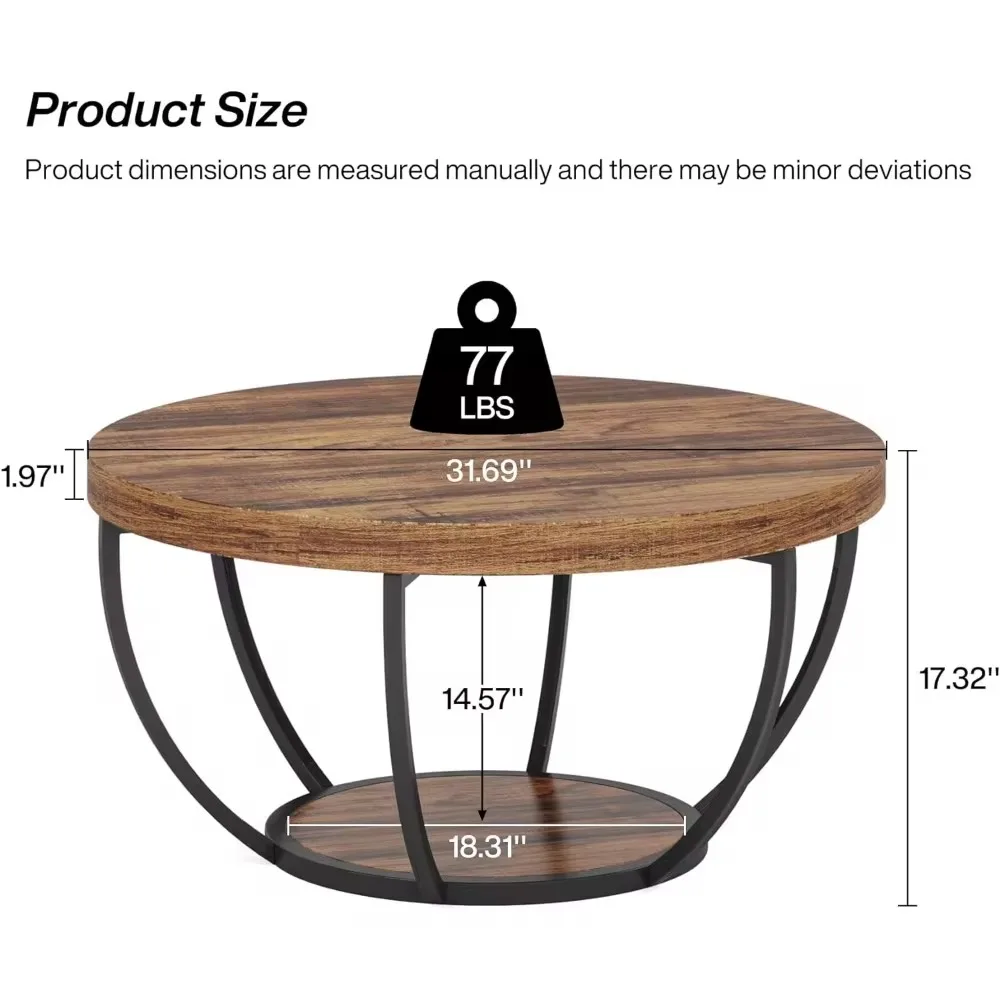 Industrial 2-Tier Circle Coffee Table with Storage Shelves, Modern 31.7\