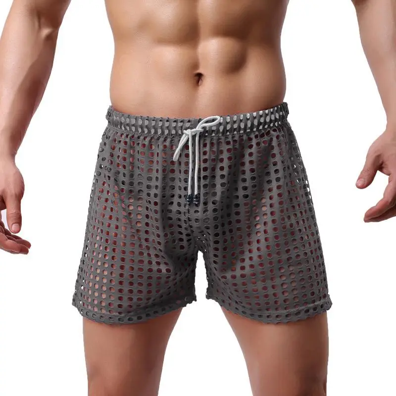 Men's Breathable Hollow Flat Corner Shorts Personalized Thin Mesh Trendy Fishing Net Short Pants Comfortable Sexy Board Shorts