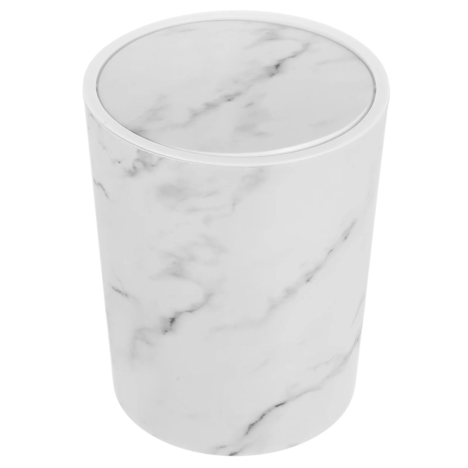 

White Marble Pattern Plastic Trash Can Swing Lid Large Capacity Odor Control Bag Securing Ring For Living Room Bedroom Bathroom