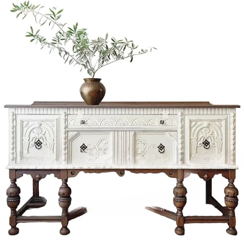 

French retro solid wood carving flower porch cabinet American retro locker white wall decorative cabinet