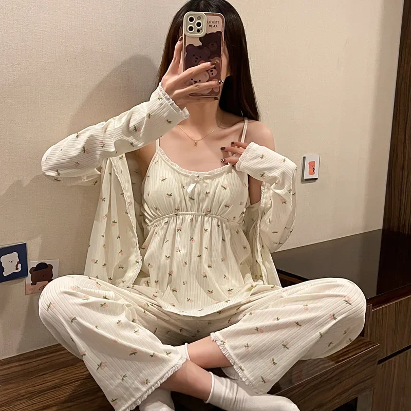 New Ladies Pajamas Set 3Pcs Cardigan+Camisole+Pants Cotton Femme Sleepwear Spring Autumn Comfort Loose Homewear