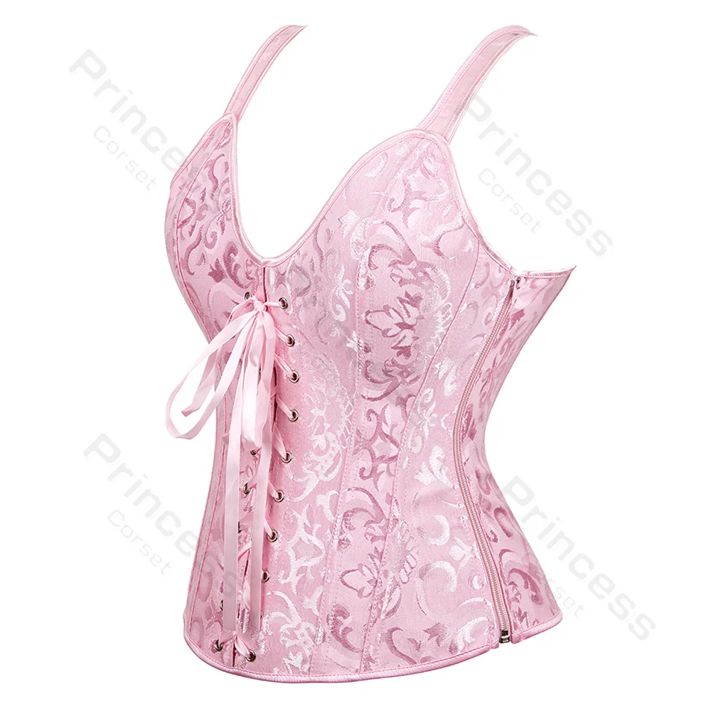 Pink Corset Bustier Top Victorian Overbust Princess Corset Lace Trim Showgirl Lingerie Costume Corsets for Women Plus Size