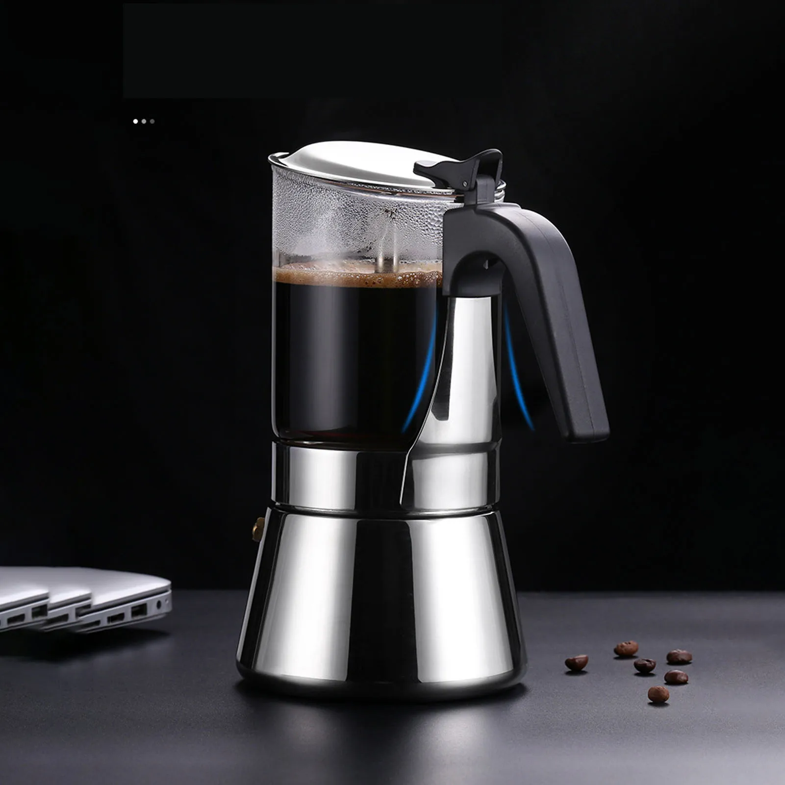 

Moka Pot Crystal Glass Top Stainless Steel Stovetop Moka Pot Classic Italian Coffee Maker for 4 Cups