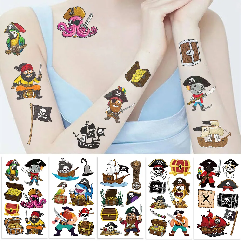 10Pcs Cartoon Pirate Treasure Gold Temporary Tattoos Sticker Skeleton Pirate Tattoos For Girls Boys Birthday Party Supplies