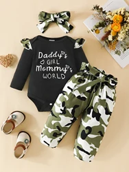 Adorable Baby Girl 3-Piece Outfit Set -'For Love' Print Creeper, CamoTrousers & Matching Headwear -Perfect for Everyday Cutness