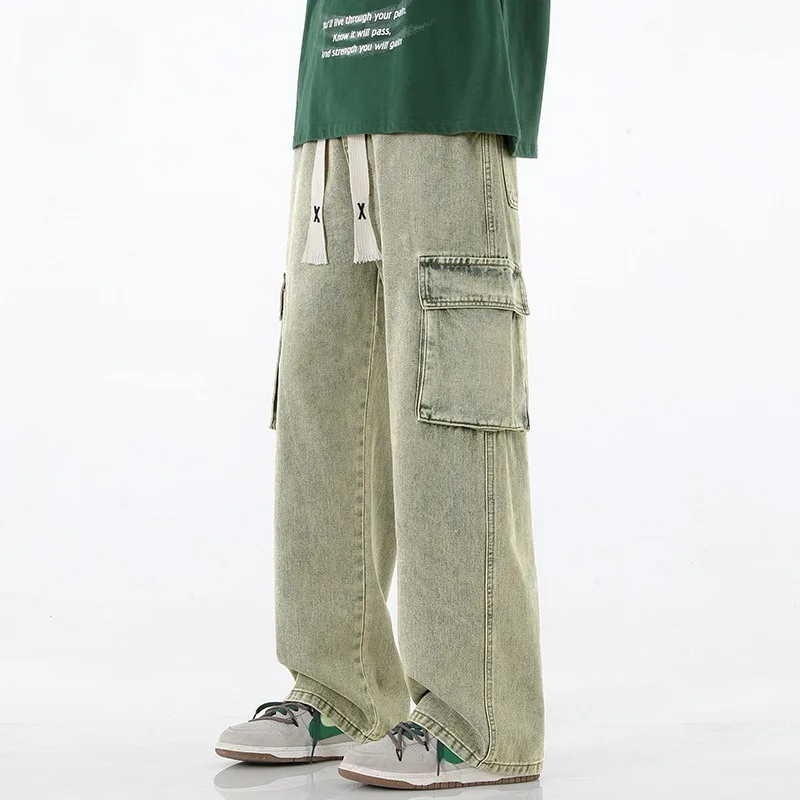 

Spring New Men Cargo Jeans Baggy American High Street Y2K Multi-pocket Youth Overalls Fashion Streetwear Vintage Wide Leg Pants