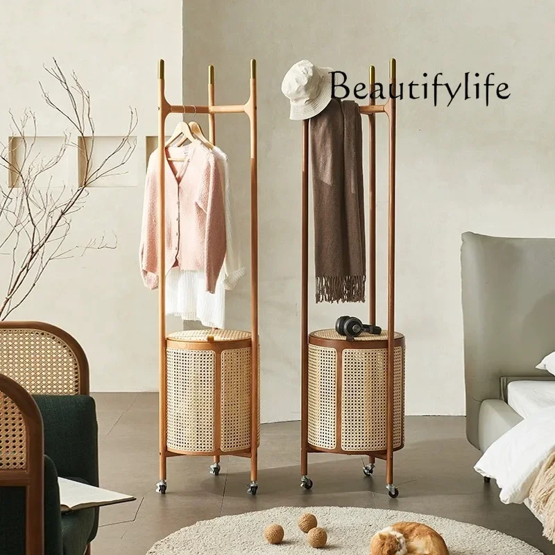 Household Solid Wood Hanger Removable Laundry Basket Rattan Coat Rack