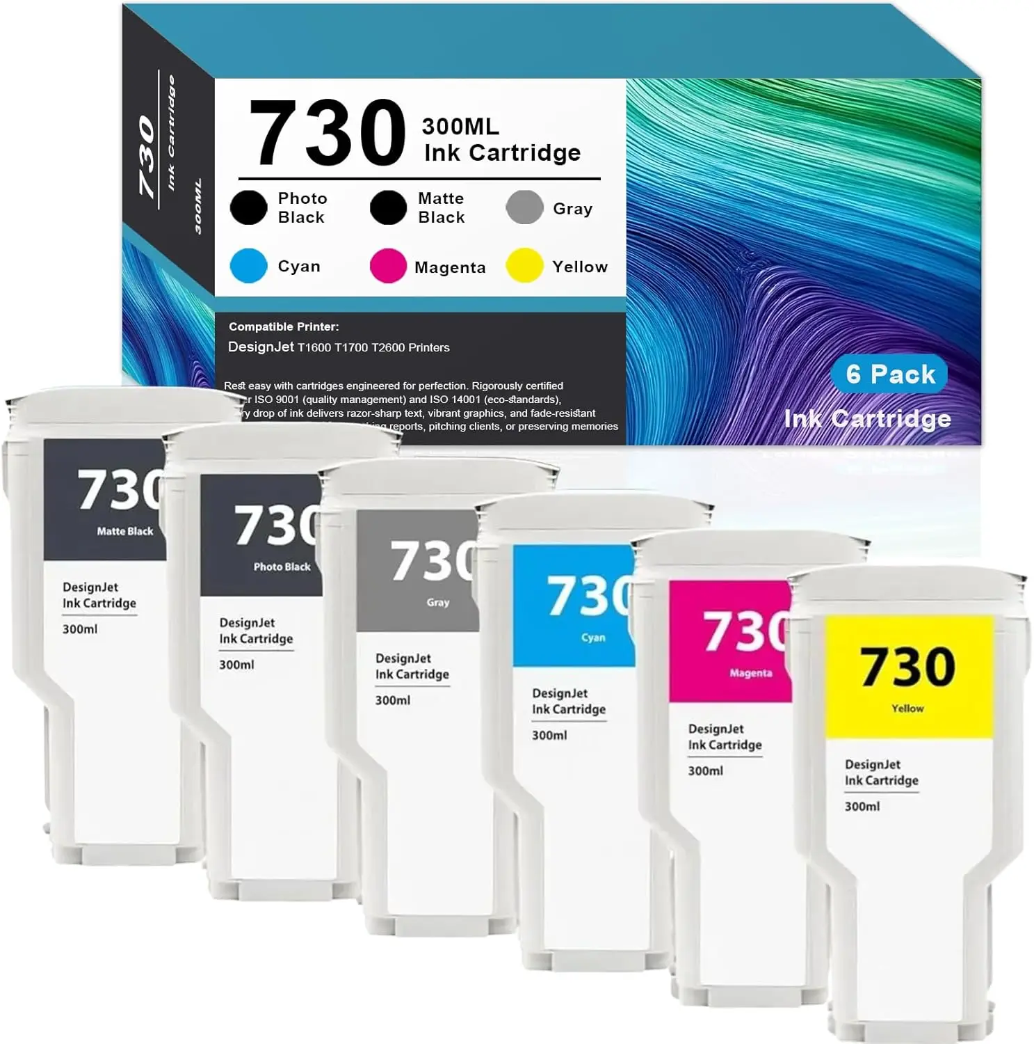 730 Ink Cartridges Replacement for HP 730 P2V68A P2V69A P2V70A P2V71A P2V72A P2V73A Ink Cartridges for DesignJet T1600 T1700 T26