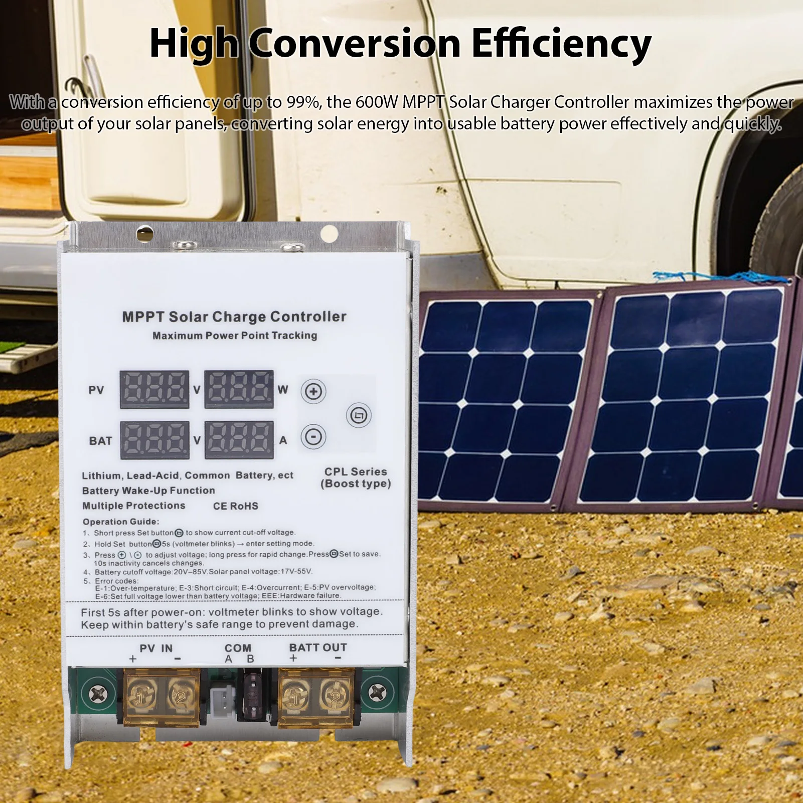 Solar Charge Controller High Efficiency MPPT Boost Regulator LED Display for 24V 36V 48V 60V 72V Multiple Battery Golf Cart