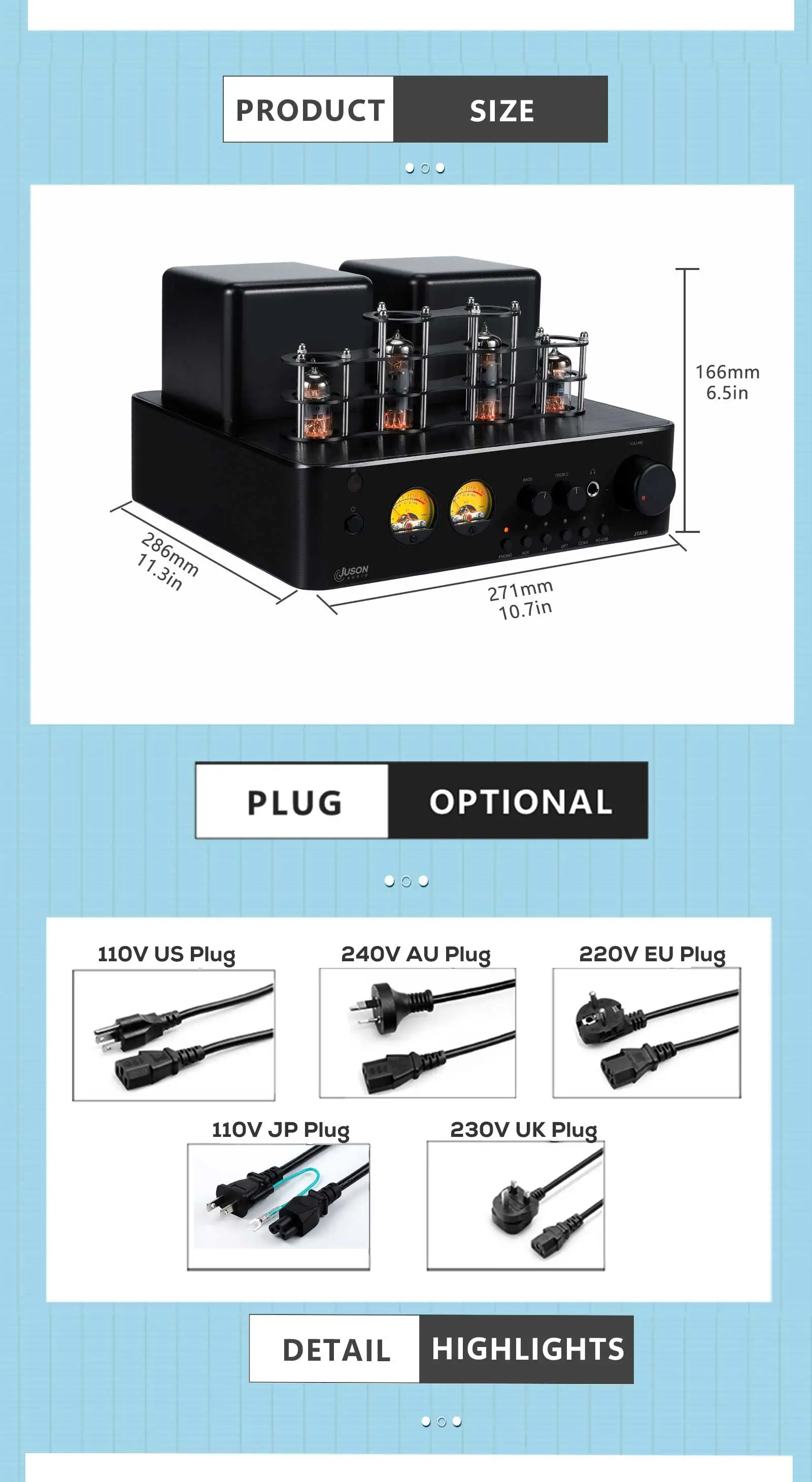 Juson Audio JTA50 Röhren verstärker Hifi Vakuum Blue Tooth Hybrid Stereo Sound USB RCA Opt Remote Phono 2,1 W Kanal für Plattens – Detail 8