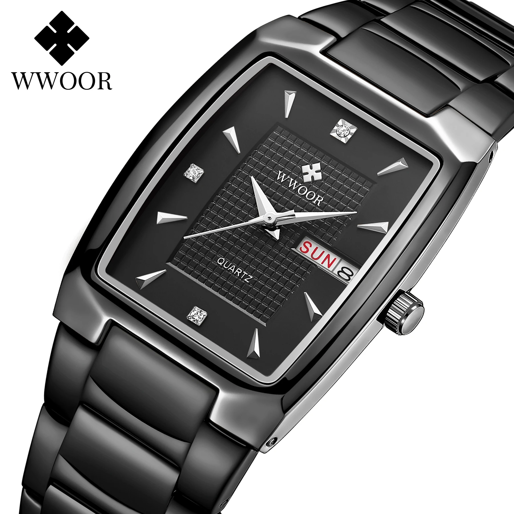 WWOOR Luxury Man Wristwatch Business Stainless Steel Quartz Men Watch Waterproof Date Square Fashion Men\'s Watches Clock Gifts