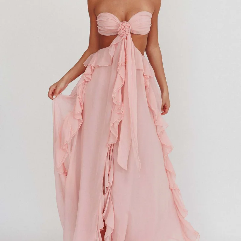 Lunaria 여성 컷 아웃 볼 가운 민소매 넥타이 백 솔리드 컬러 프릴 롱 드레스 여름 파티 드레스