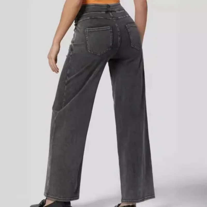 Calças femininas de perna larga, jeans emagrecedor simples, elegante calça jeans queimada feminina, moda de rua personalizada, nova, primavera, 2022